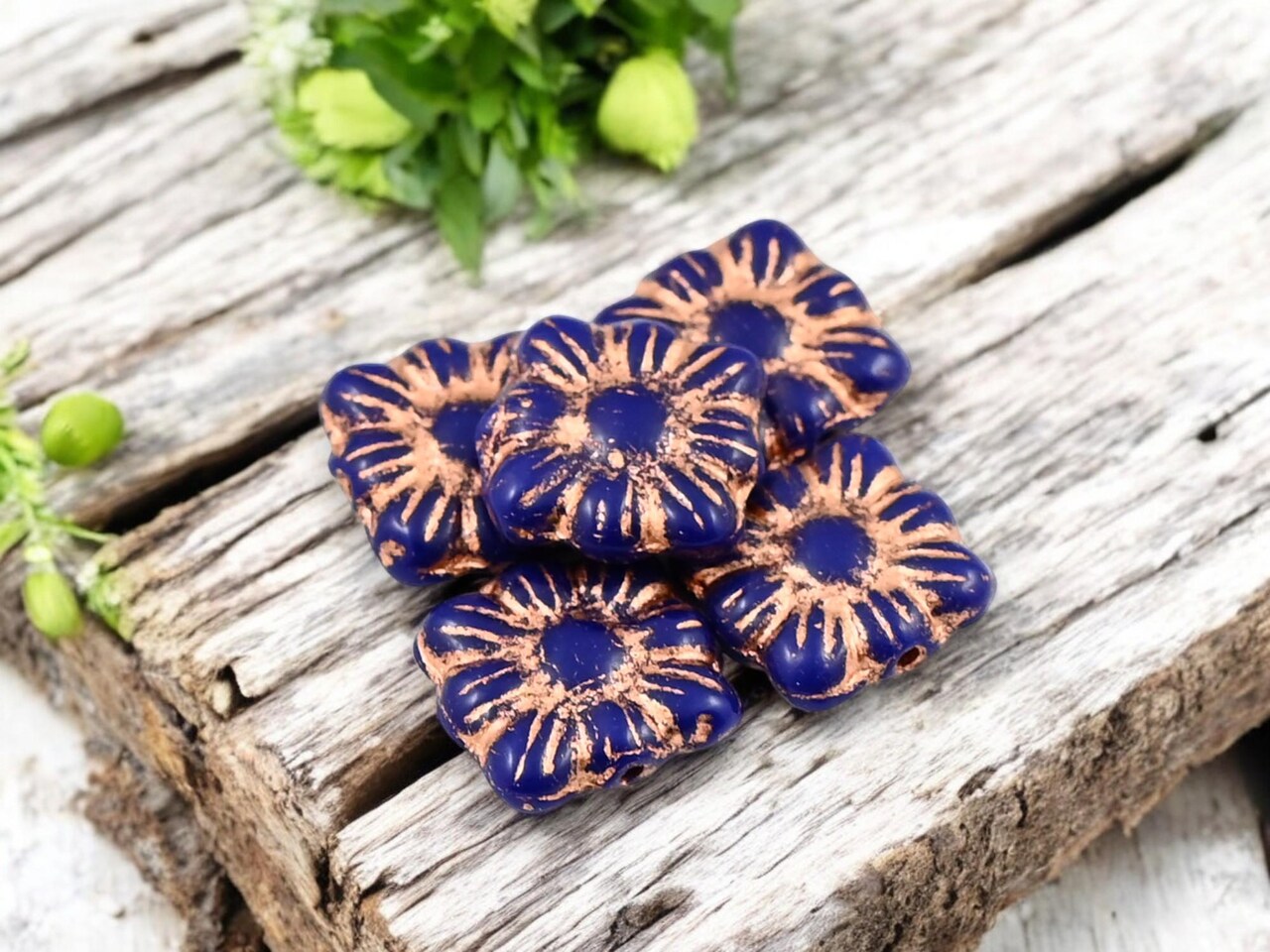 *13* 11mm Copper Washed Opaque Cobalt Square Zinnia Flower Beads